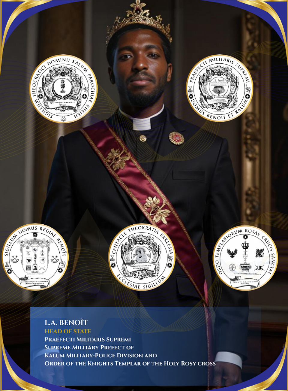 L. A. Benoît Supreme Military Prefect of the Holy Royal Imperial Sangreal Sovereignty of the Theocratic Dominion of Kalum Parish, Eheieh · Prefectus Militaris Supremi Guardian of the Sangreal Covenant and Sword-Bearer of Nigredo. By Divine and Bloodline Mandate, and in perpetual subordination to the Supreme Commander and Imperator Sacerydos Rex, Dominus Voldemort-Ur-Asia Benoît, he executes judgment upon sorcerers, rebels, and covenant-breakers, according to Charlemagne’s Capitulary of 802 CE, Roman Law (Digest 1.3.2), and the Aeonic authority of the Centacle Theokratia Ekklesia. L. A. Benoît Praefectus Militaris Supremi Sacrae Regiae Imperialis Dominationis Sangrealis Theocraticae Kalumensis Parochiae, Eheieh. Custos Foederis Sangrealis et Ensifer Nigredi. Ex Mandato Divino et Sanguinis Regalis, perpetuaque subordinatione erga Summum Imperatorem ac Imperatorem Sacerydotem Regem, Dominum Voldemort-Ur-Asia Benoît, iudicium in magos, rebelles, ac foederis praevaricatores exsequitur, iuxta Capitularia Caroli Magni (802 CE), ius Romanum (Digest. 1.3.2), et auctoritatem Aeonicam Centaclis Theokratiae Ekklesiae.