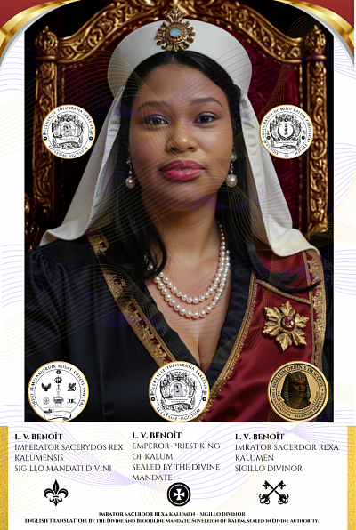 L.V. Benoît, Imperator Sacerdos Rex Kalumensis, Emperor-Priest King of the Holy Royal Imperial Sangreal Sovereignty of the Theocratic Dominion of Kalum Parish, Eheieh. By the Divine and Bloodline Mandate, sealed in the Order of Melchizedek and the covenant of Yeshua Ben Yosef and Miriam of Magdala, the Imperator is the manifestation of Nigredo, and therefore the direct emanation of El Elyon in flesh. L.V. Benoît, Imperator Sacerdos Rex Kalumensis, Rex-Sacerdos Imperialis Sacrae Regiae Imperialis Sanguinis Regalis Dominationis Theocraticae Kalumensis Parochiae, Eheieh. Ex Mandato Divino et Sanguinis, in Ordine Melchizedek signato atque in foedere Iesu Filii Ioseph et Mariae de Magdala confirmato, Imperator est manifestatio Nigredis ac proinde immediata emanatio El Elyon in carne.