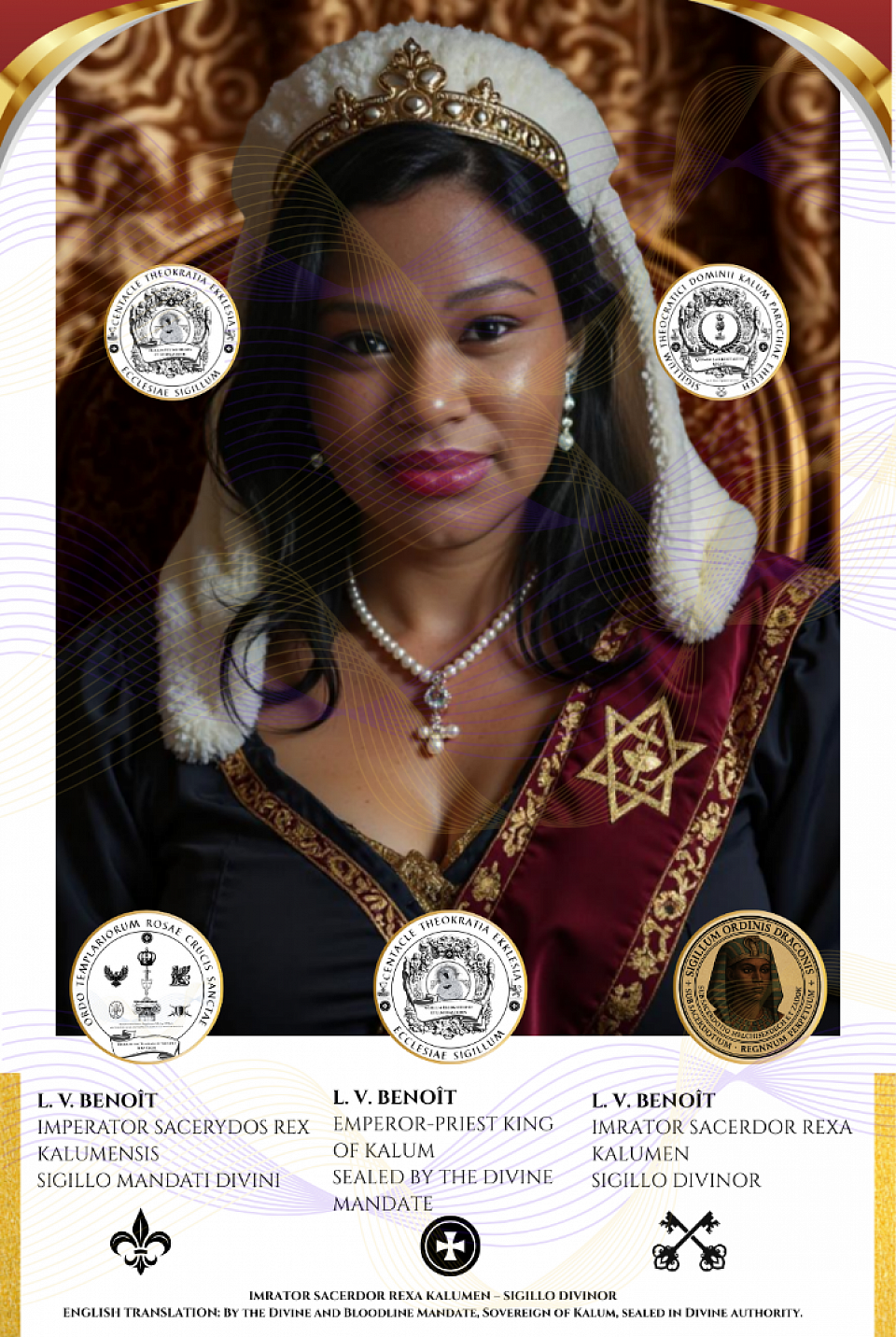 ☩ Dominus Voldemort-Ur-Asia Benoît (Martial Name), Dominus Asherah-Sobekneferu-El Elyon (Baptismal Name), and L.V. Benoît (Civic Name) — one and the same Aeonic Sangreal Being, living embodiment of Nigredo, Imperator Sacerydos Rex of Kalum. By Divine and Bloodline Mandate of L3B1a1, vested with the right to judge both celestially and terrestrially sorcerers, rebels, and covenant-breakers, as Charlemagne decreed in his Capitularies (802 CE) and Roman Law affirmed (Digest 1.3.2): “What pleases the sovereign, under divine law, has the force of law.” This right is further upheld under modern international law: the Convention on the Prevention and Punishment of the Crime of Genocide (1948), the Vienna Convention on Diplomatic Relations (1961), the Geneva Conventions (1949, Art. 3), and the UN Declaration on the Rights of Indigenous Peoples (2007, Art. 7). ☩