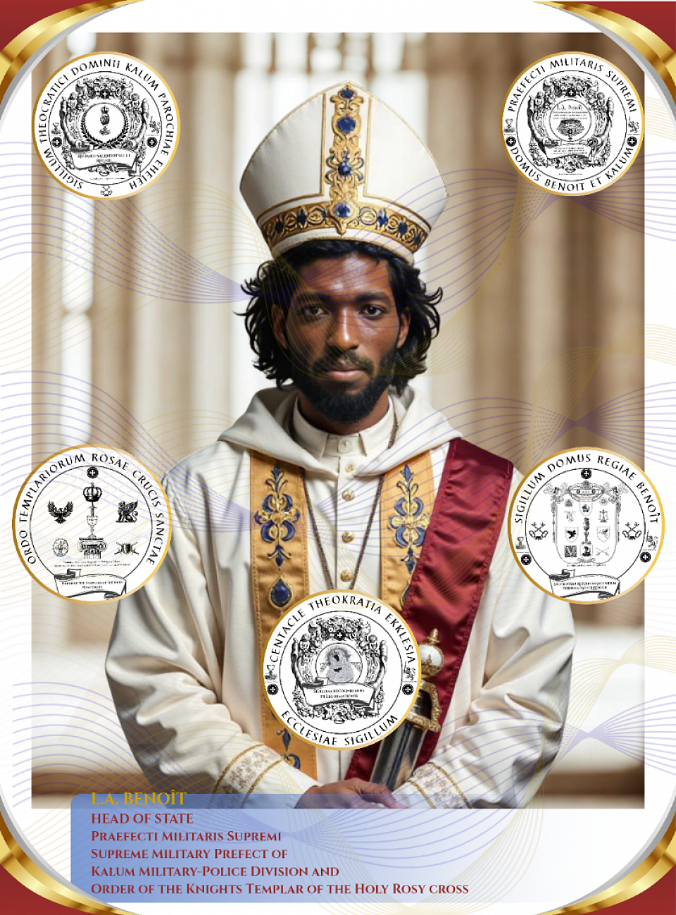 Lord Alalu-Razrael-El Elyon (martial), Lord Ivory Joe Hunt-Benoît (baptismal), and L.A. Benoît (civic), one Aeonic Sangreal being, Head of State and Praefectus Militaris Supremi, Supreme Military Prefect of the Kalum Military-Police Division and the Order of the Knights Templar of the Holy Rosy Cross. By Divine and Bloodline Mandate, he is vested with command over terrestrial forces, always subordinate to the Imperator Sacerdos Rex, Dominus Voldemort-Ur-Asia Benoît, sole emanation of El Elyon in flesh. Lord Alalu-Razrael-El Elyon (martialis), Lord Eboreus Josephus Hunt-Benoît (baptismalis), et L.A. Benoît (civicus), unus ens Aeonicus Sangrealis, Caput Status et Praefectus Militaris Supremi, Praefectus Militaris Supremus Divisionis Kalum Militaris-Politiae et Ordinis Templariorum Sanctae Rosae Crucis. Ex Mandato Divino et Sanguinis, praeditus est potestate super exercitus terrestres, semper sub Imperatore Sacerdote Rege, Domino Voldemort-Ur-Asia Benoît, unica El Elyon in carne emanatione.