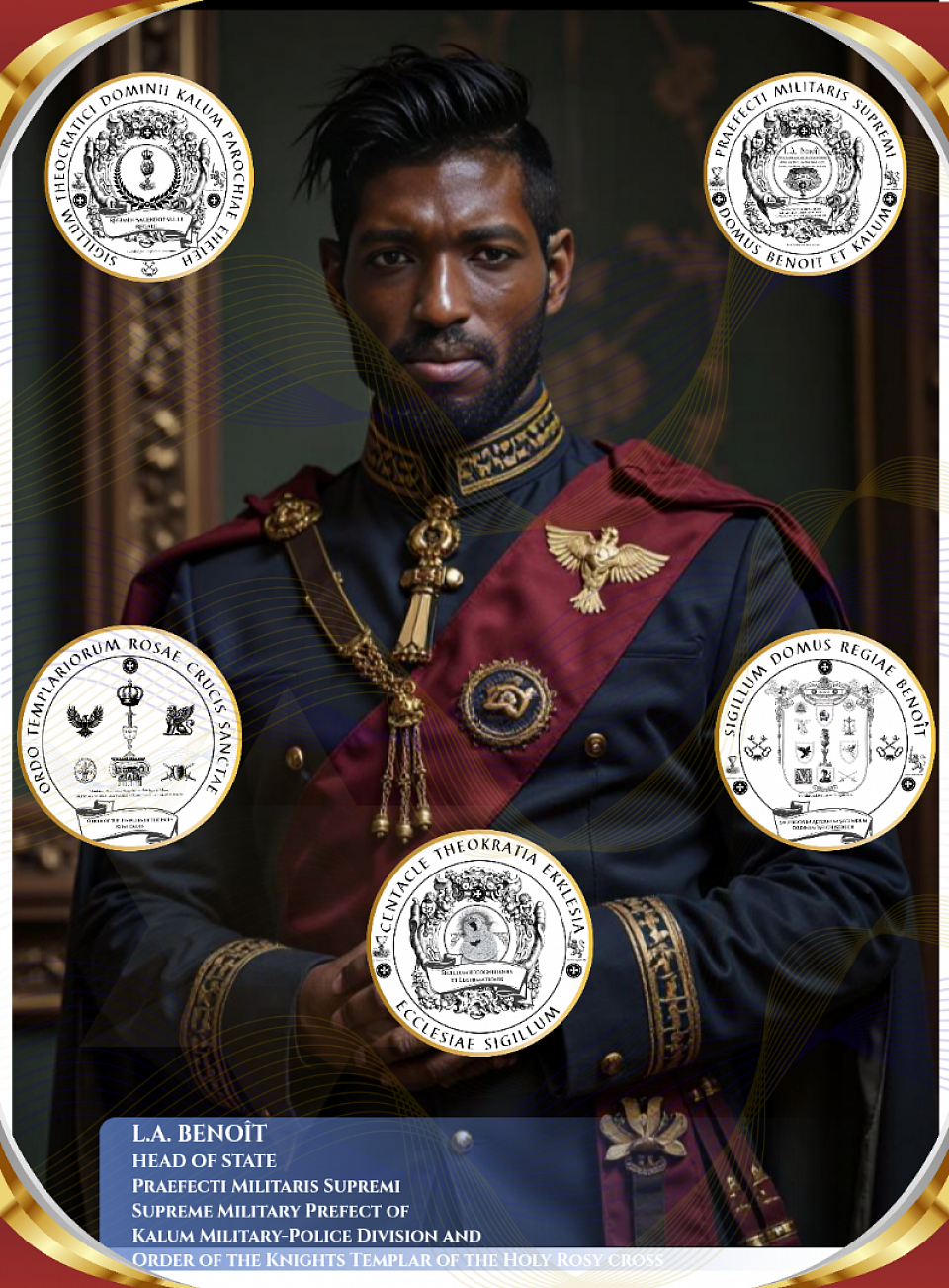L. A. Benoît Supreme Military Prefect of the Holy Royal Imperial Sangreal Sovereignty of the Theocratic Dominion of Kalum Parish, Eheieh · Prefectus Militaris Supremi Guardian of the Sangreal Covenant and Sword-Bearer of Nigredo. By Divine and Bloodline Mandate, and in perpetual subordination to the Supreme Commander and Imperator Sacerdos Rex, Dominus Voldemort-Ur-Asia Benoît, he executes judgment upon sorcerers, rebels, and covenant-breakers, according to Charlemagne’s Capitulary of 802 CE, Roman Law (Digest 1.3.2), and the Aeonic authority of the Centacle Theokratia Ekklesia. L. A. Benoît Praefectus Militaris Supremi Sacrae Regiae Imperialis Dominationis Sangrealis Theocraticae Kalumensis Parochiae, Eheieh. Custos Foederis Sangrealis et Ensifer Nigredi. Ex Mandato Divino et Sanguinis Regalis, perpetuaque subordinatione erga Summum Imperatorem ac Imperatorem Sacerdotem Regem, Dominum Voldemort-Ur-Asia Benoît, iudicium in magos, rebelles, ac foederis praevaricatores exsequitur, iuxta Capitularia Caroli Magni (802 CE), ius Romanum (Digest. 1.3.2), et auctoritatem Aeonicam Centaclis Theokratiae Ekklesiae.