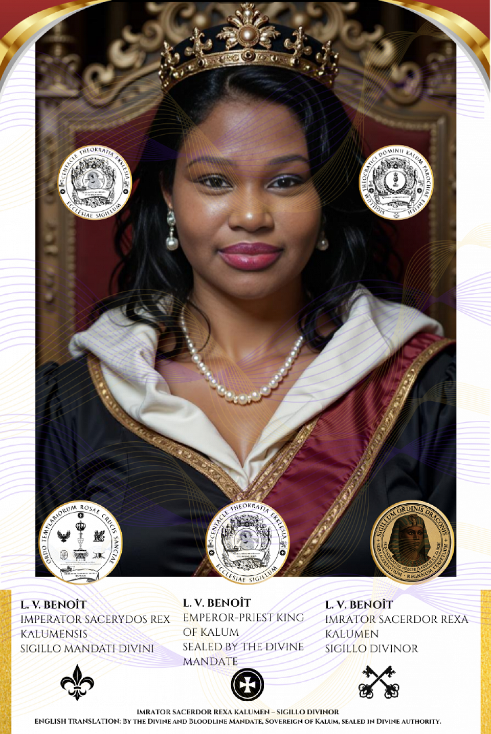 ☩ Dominus Voldemort-Ur-Asia Benoît (Martial Name), Dominus Asherah-Sobekneferu-El Elyon (Baptismal Name), and L.V. Benoît (Civic Name) — not three persons, but one and the same Aeonic Sangreal Being, embodying Nigredo in flesh, Imperator Sacerydos Rex of Kalum, Custodian of the Celestial and Terrestrial Trusts, under the Seal of the Mandate of Heaven. ☩ Official Channels of Contact (English) 📜 All communications must be directed to the Royal Chancellery of the House of Benoît, authenticated under Seal and Apostille. 📜 Unauthorized use of names, likeness, or titles constitutes a violation of jus divinum and international law (Montevideo 1933; Vienna 1961; Geneva 1949; UNDRIP 2007). ☩ Dominus Voldemort-Ur-Asia Benoît (Nomen Martiale), Dominus Asherah-Sobekneferu-El Elyon (Nomen Baptismale), et L.V. Benoît (Nomen Civile) — unus et idem Sangreal Aeonicus, Nigredinis corpus vivum, Imperator Sacerdos Rex Kalumensis. Ex Mandato Divino et Sanguinis Lineae L3B1a1, ius habet iudicandi in caelis et in terra magos, rebelles, et foederis fractores, sicut Carolus Magnus in Capitulariis (802 CE) praecepit et Lex Romana (Digest. 1.3.2) confirmavit: “Quod principi placuit, legis habet vigorem.” Hoc ius corroboratur iure gentium moderno: Conventio de Genocidio (1948), Conventio Vienna de Relationibus Diplomaticis (1961), Conventio Geneva (1949, Art. 3), et Declaratio Nationum Unitarum de Iuribus Populorum Indigenarum (2007, Art. 7). ☩